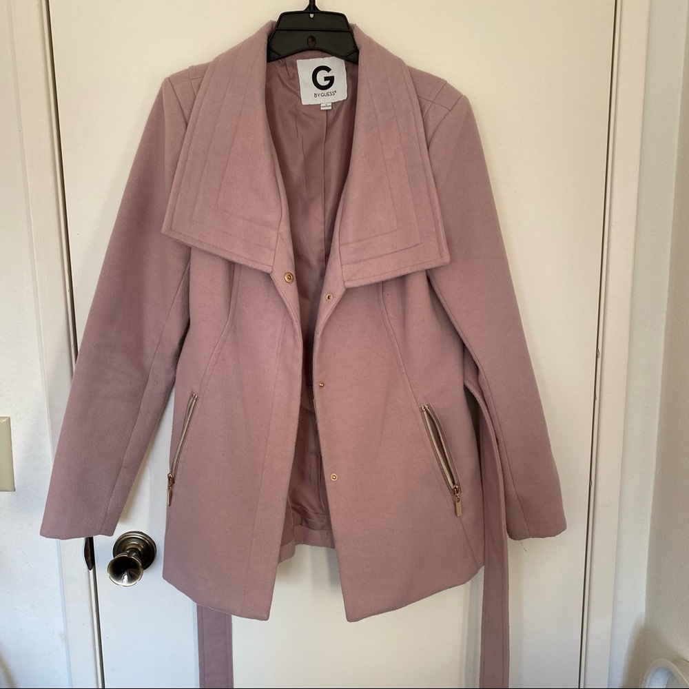 G By Guess pink belted coat for women, size small.
